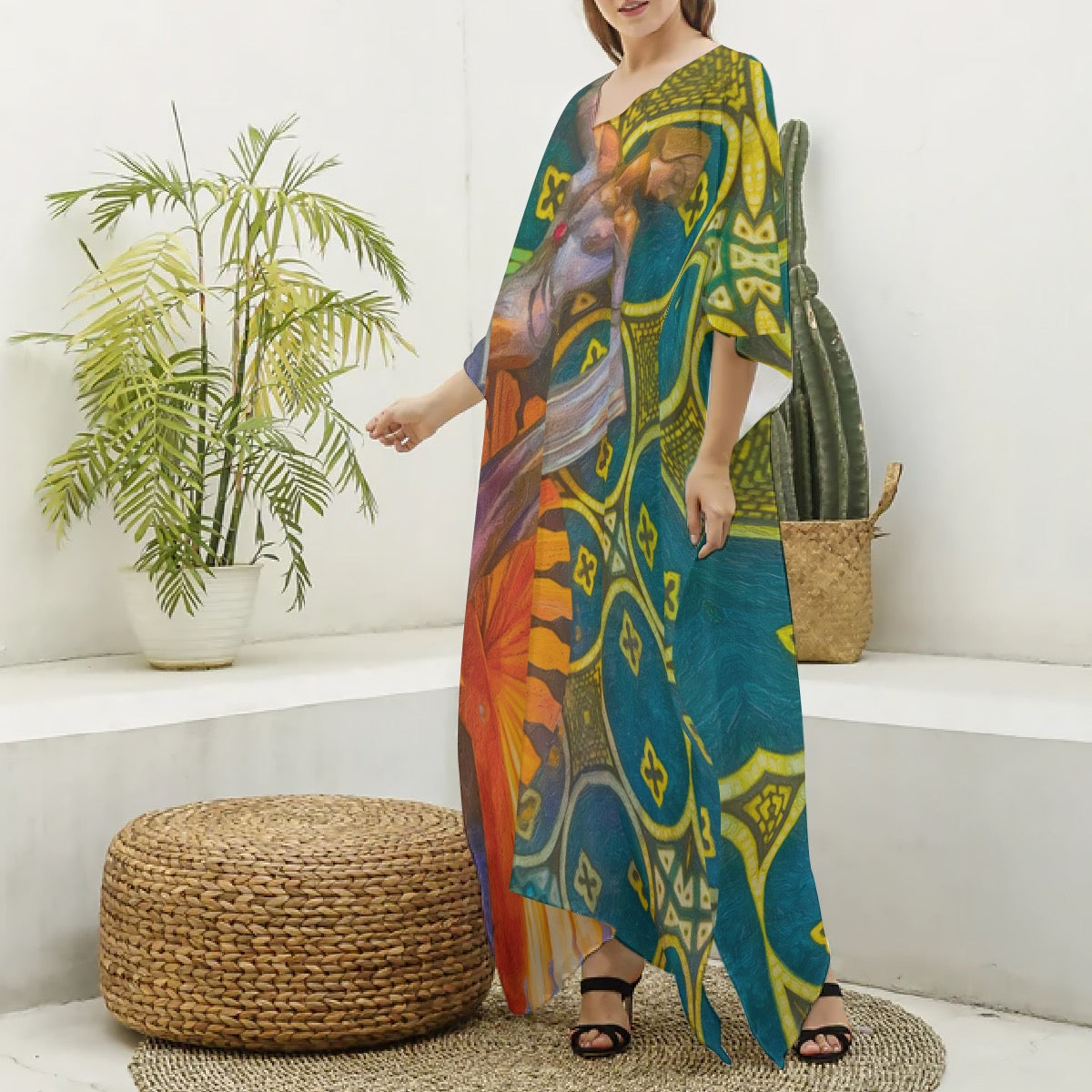 “Deco” Women's Imitation Silk V-neck Kaftan Robe
