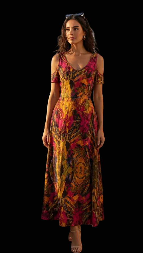 “Golden Flux” Women's V-neck Off-shoulder Dress