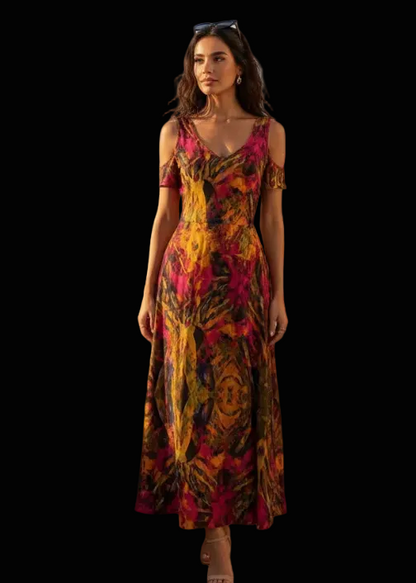 “Golden Flux” Women's V-neck Off-shoulder Dress