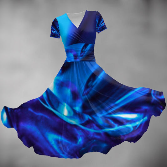 “Glass Wave” Blue: Women's Short Sleeve V Neck Midi Dress