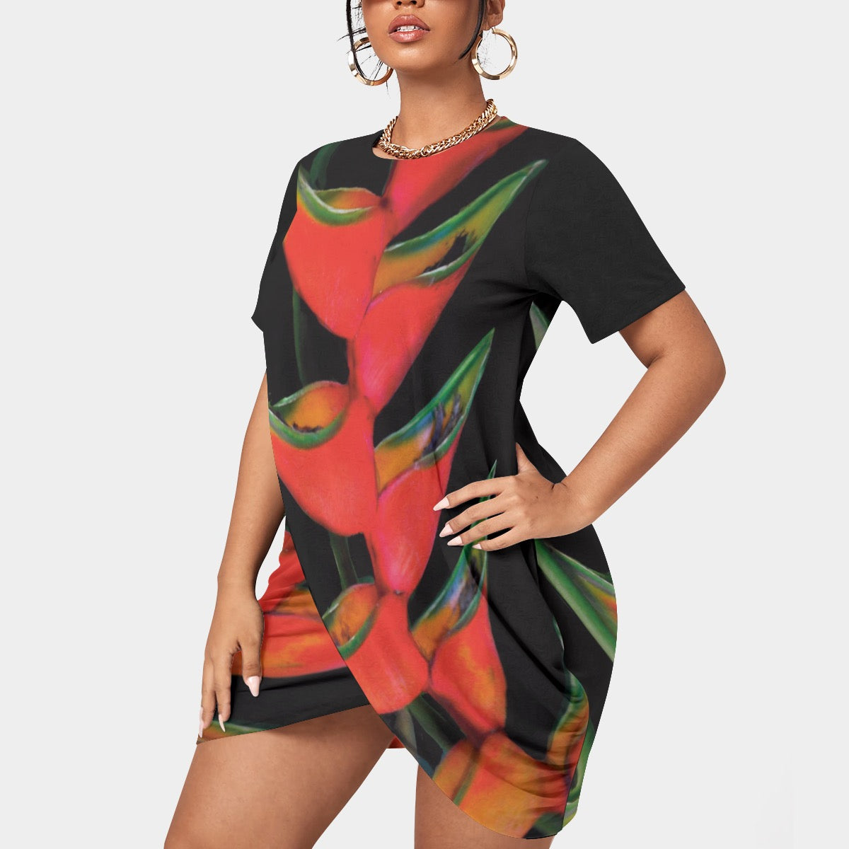 “Heliconia”Women’s Stacked Hem Dress With Short Sleeve（Plus Size）