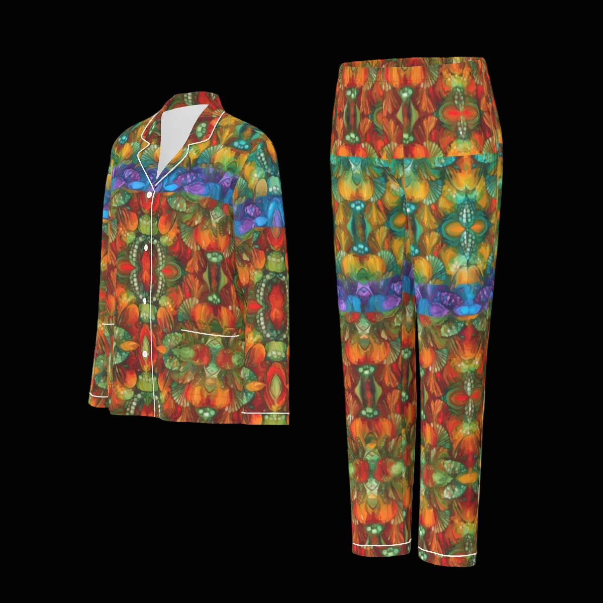 “Botanic Nebula” Women's Long Sleeve Pajama Set With White Contrast Piping