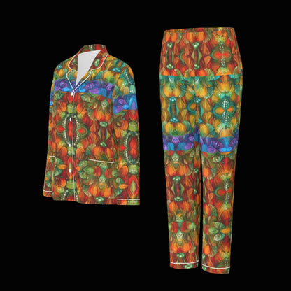 “Botanic Nebula” Women's Long Sleeve Pajama Set With White Contrast Piping