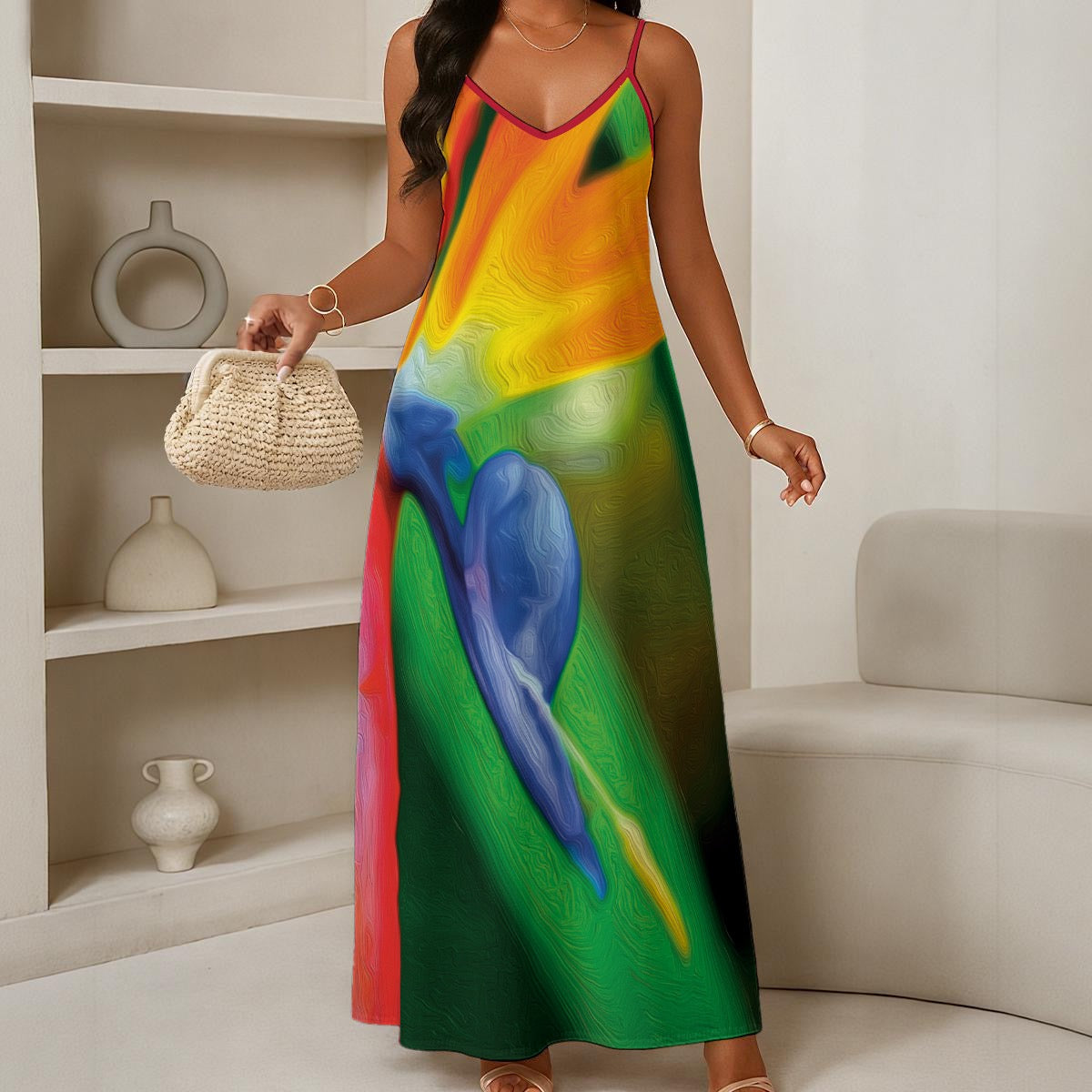 “Bird of Paradise”Print Women's Elegant V-Neck Maxi Dress