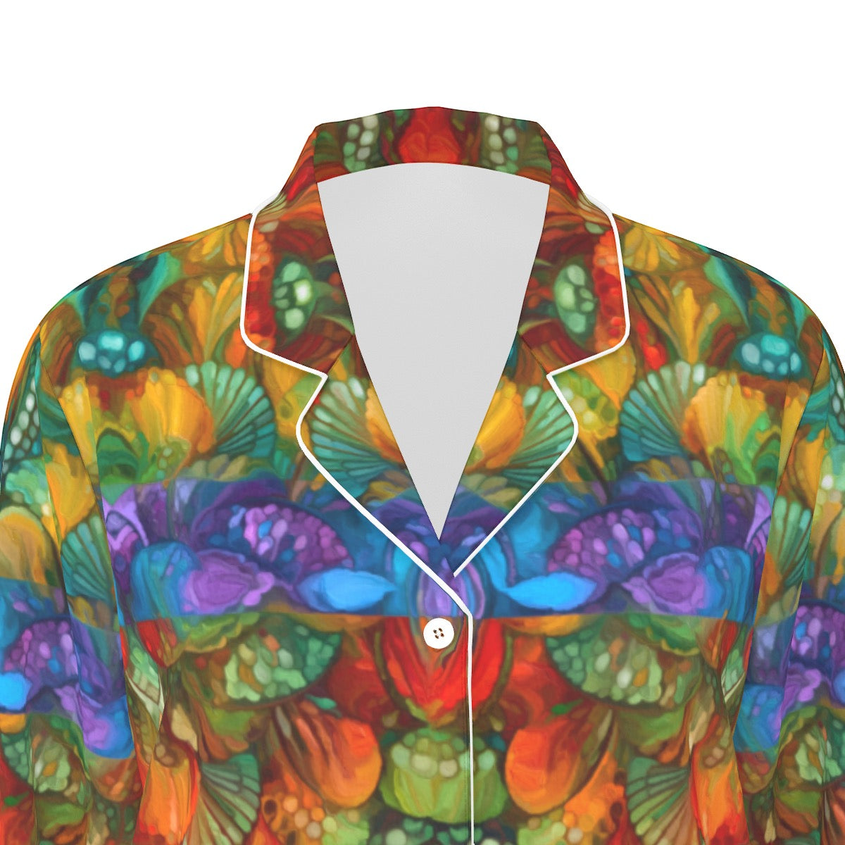 “Botanic Nebula” Women's Long Sleeve Pajama Set With White Contrast Piping