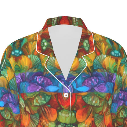“Botanic Nebula” Women's Long Sleeve Pajama Set With White Contrast Piping