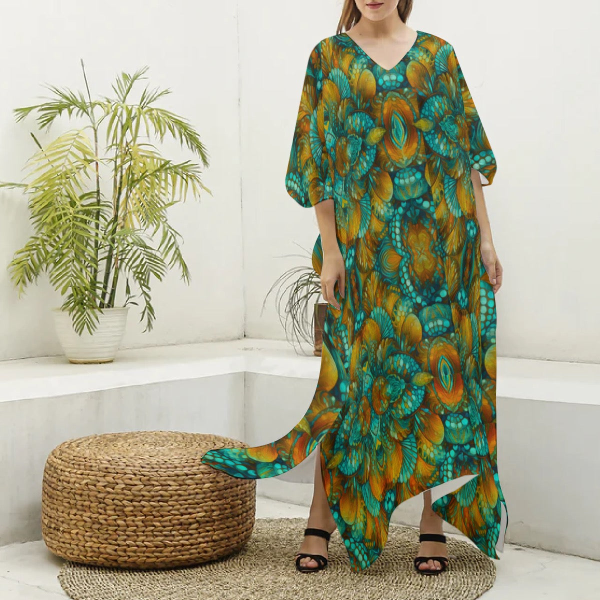 “Jewel Cascade” Women's Imitation Silk V-neck Kaftan Robe