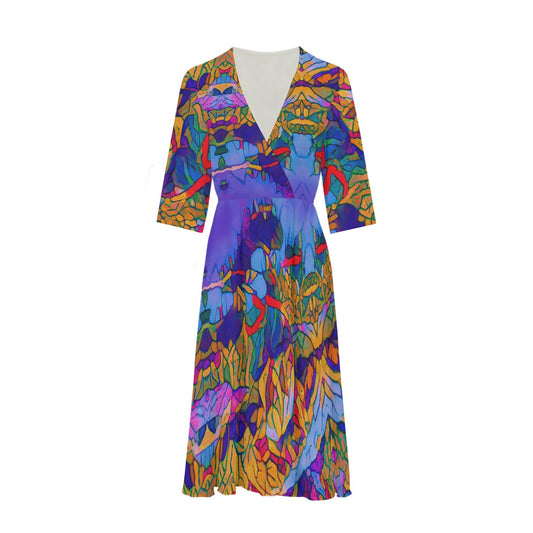 “Cerulean Spectrum” Women's Knee-Length V-Neck Dress