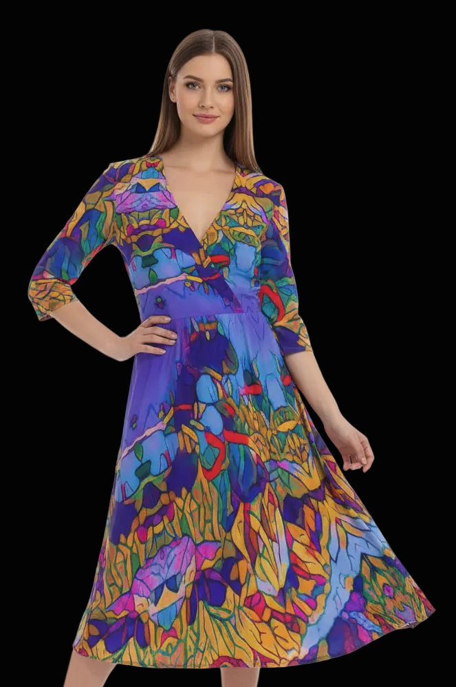 “Cerulean Spectrum” Women's Knee-Length V-Neck Dress