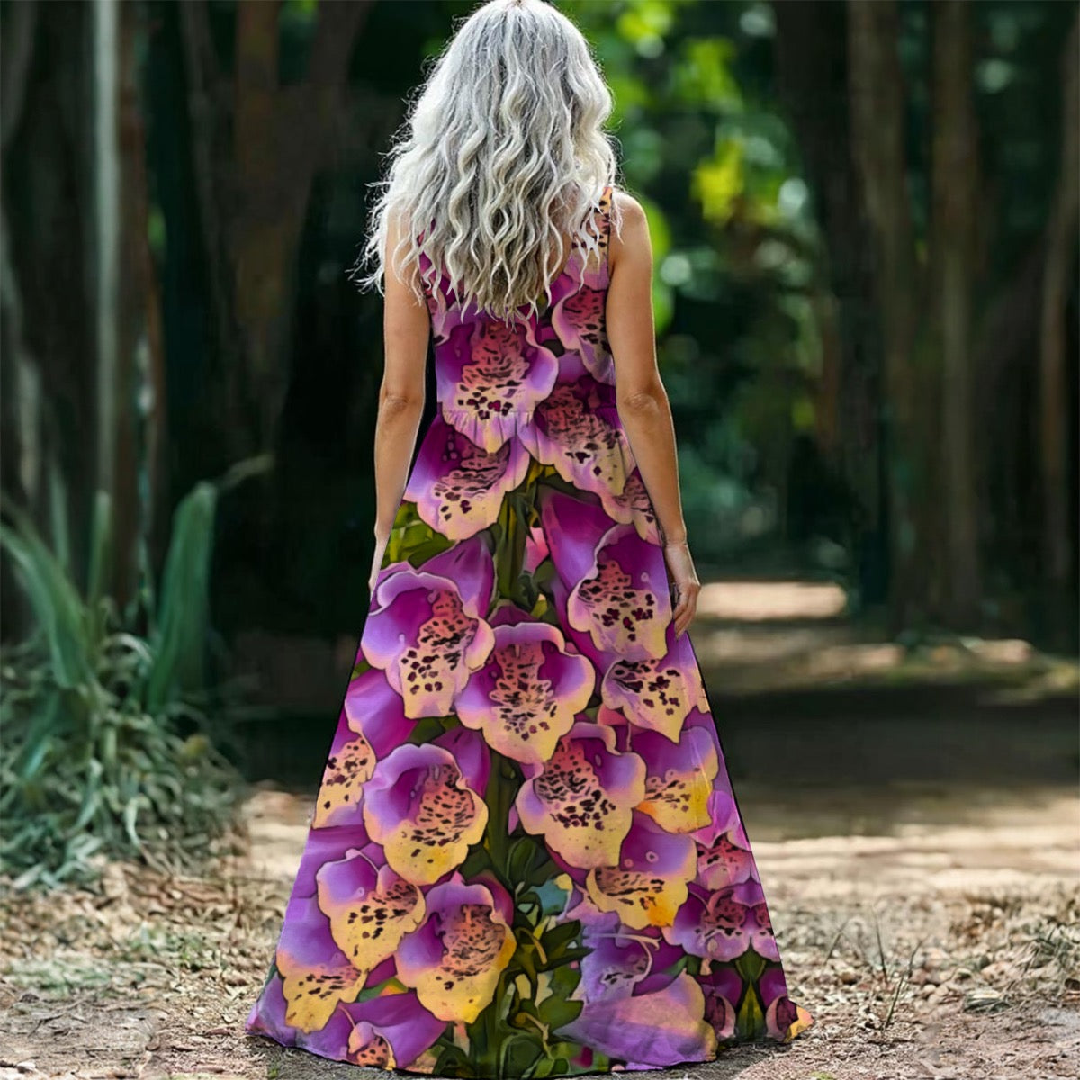 “Foxglove Cascade” Women’s Sleeveless Maxi Dress