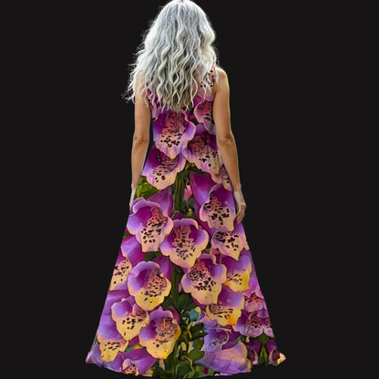 “Foxglove Cascade” Women’s Sleeveless Maxi Dress