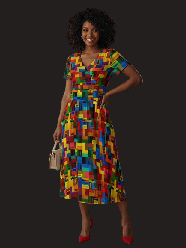 “Blocked” Women's Short Sleeve V Neck Midi Dress