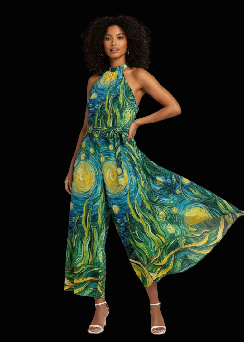 “Vincent Through the Seagrass” Women's Wrap Hem Belted Halter Dress