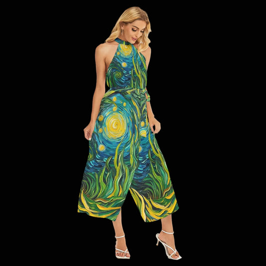 “Vincent Through the Seagrass” Women's Wrap Hem Belted Halter Dress
