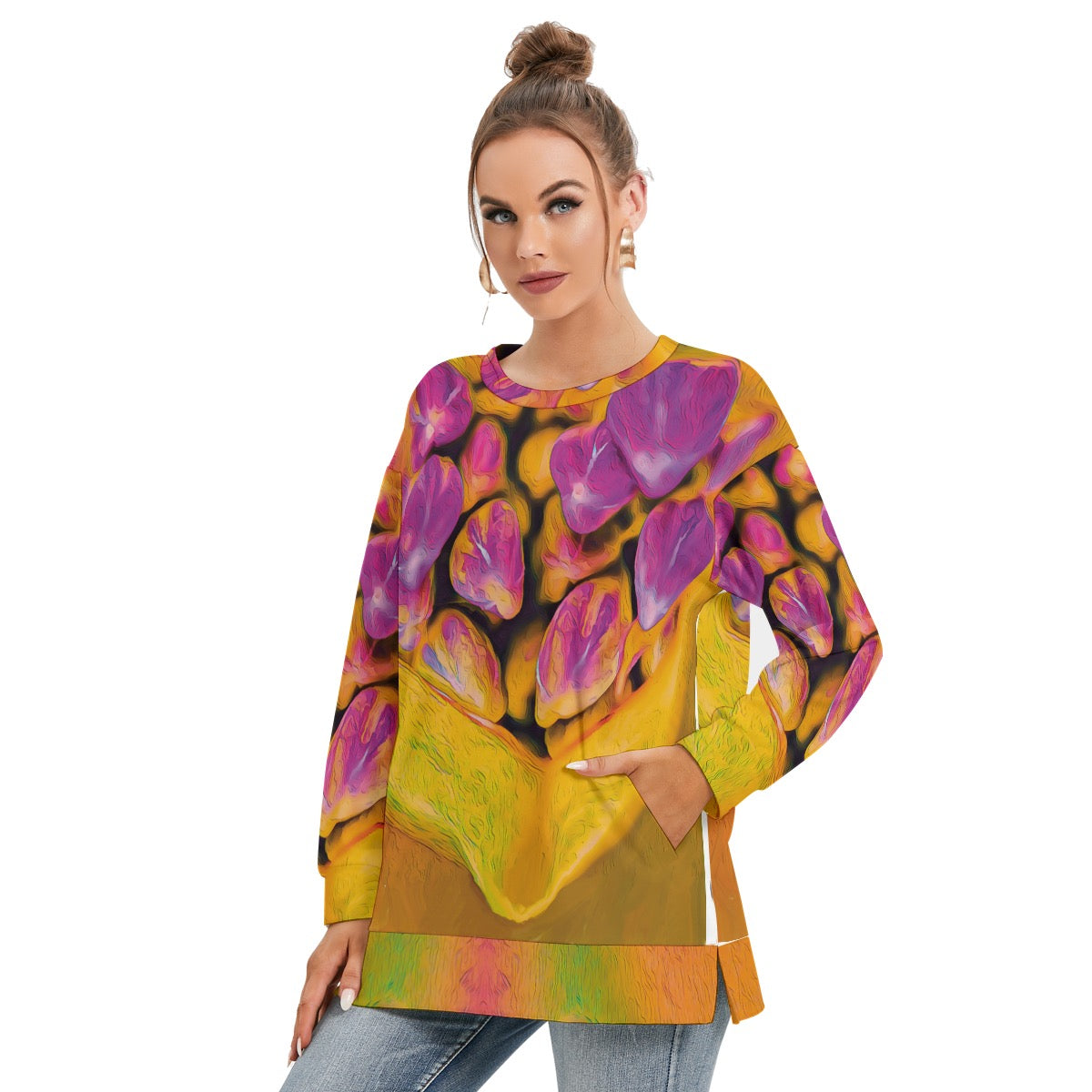 “Agapanthus” Women's Side Split O-neck Sweatshirt