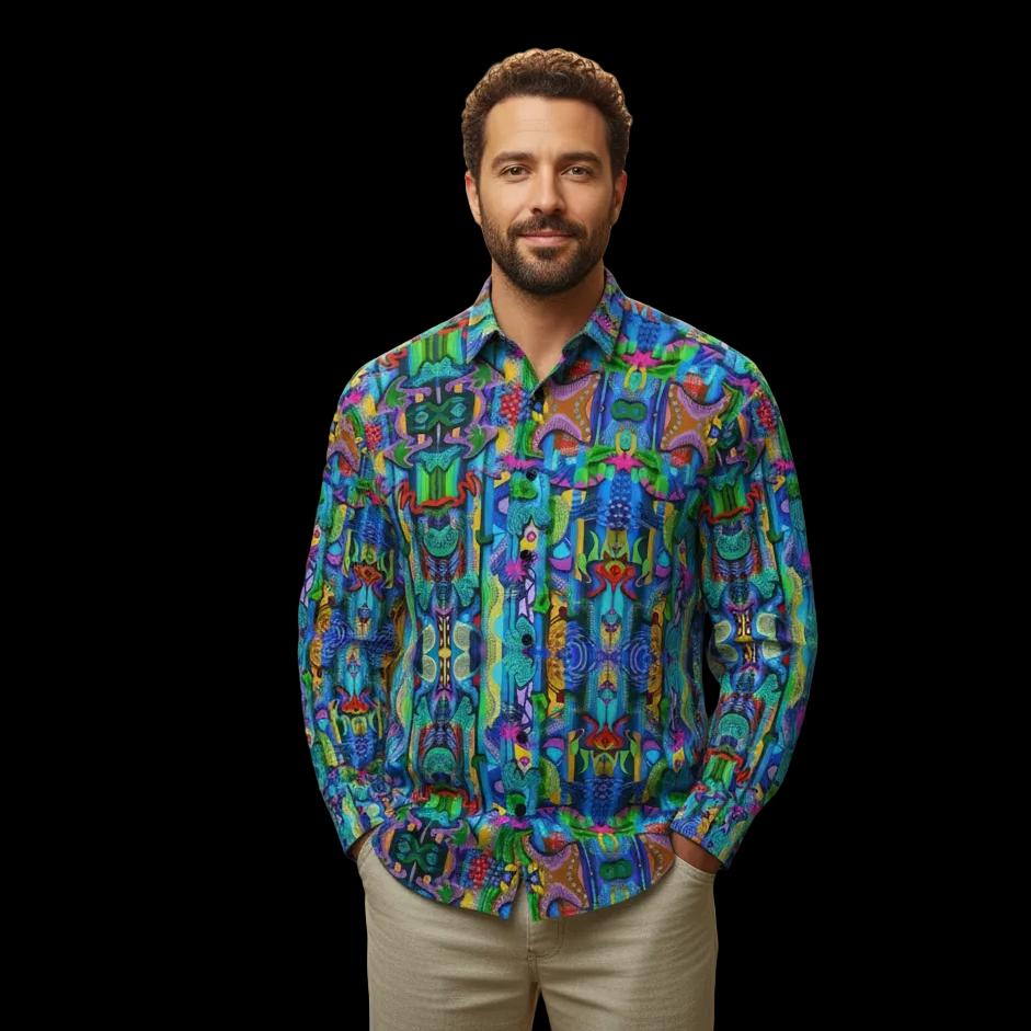 “Labyrinth” Blue : Men's Slim Fit Long Sleeve Shirt