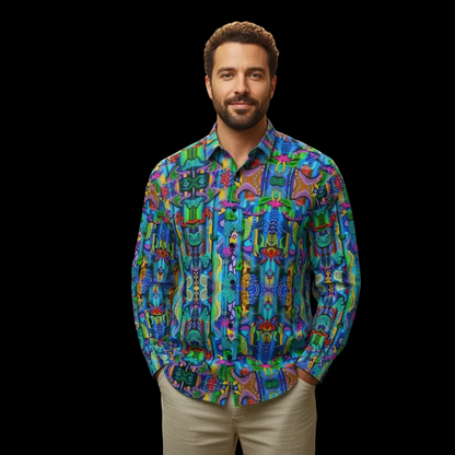 “Labyrinth” Blue : Men's Slim Fit Long Sleeve Shirt