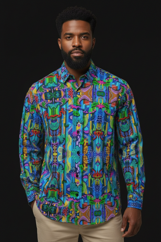 “Labyrinth” Blue : Men's Slim Fit Long Sleeve Shirt
