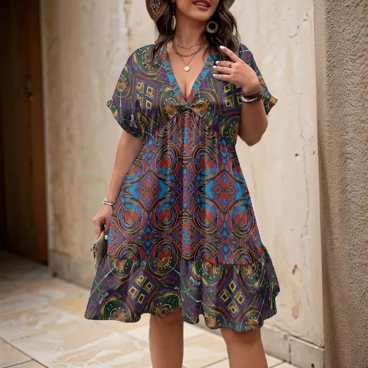 “Persia” Women’s Floral V-Neck Short Sleeve Dress