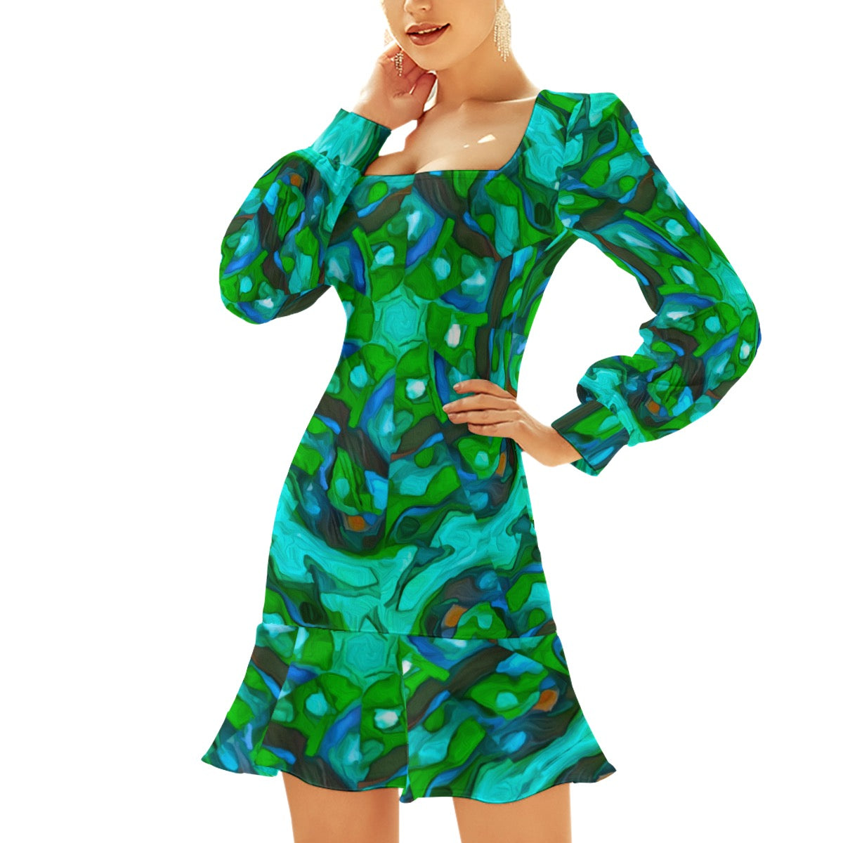 “Aquascope” Women's Ruffle Hem Skinny Dress