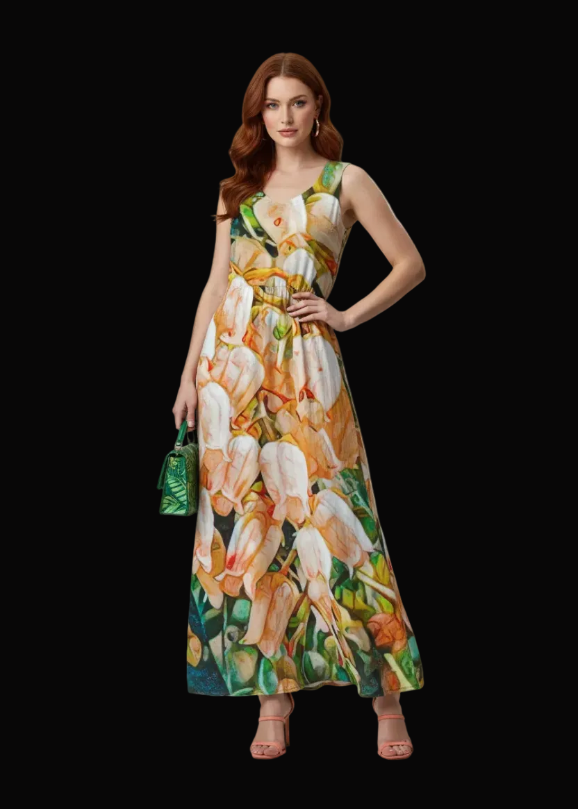 “Peach Bells” Women’s Sleeveless Maxi Dress