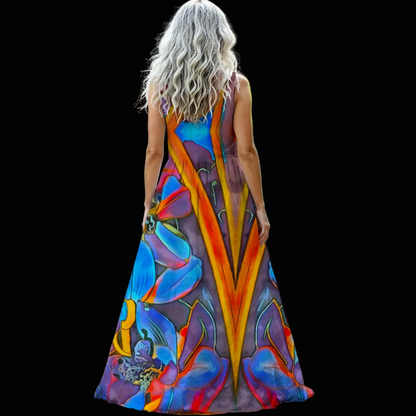 “Electric Bloom” Women’s Sleeveless Maxi Dress
