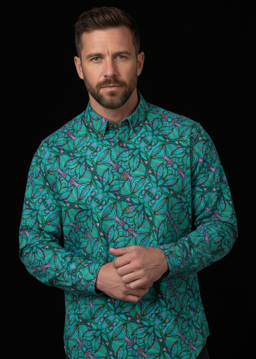 “Bloomfield Aquamarine” Men's Casual Lapel Long Sleeve Shirt|125GSM Cotton