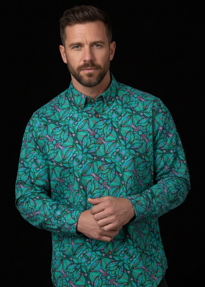 “Bloomfield Aquamarine” Men's Casual Lapel Long Sleeve Shirt|125GSM Cotton