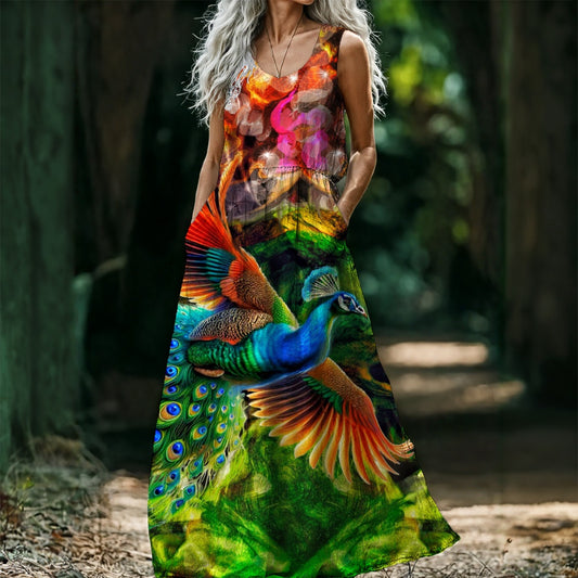 “Peacock Flight” Women’s Sleeveless Maxi Dress