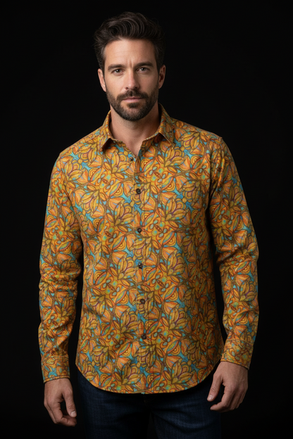 “Bloomfield Ochres” Men's Casual Lapel Long Sleeve Shirt|125GSM Cotton