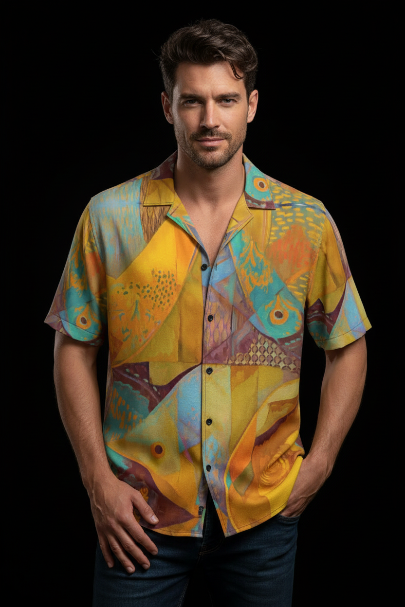 “Aqua Landscape” Men's Business Collared Shirt|115GSM Cotton poplin