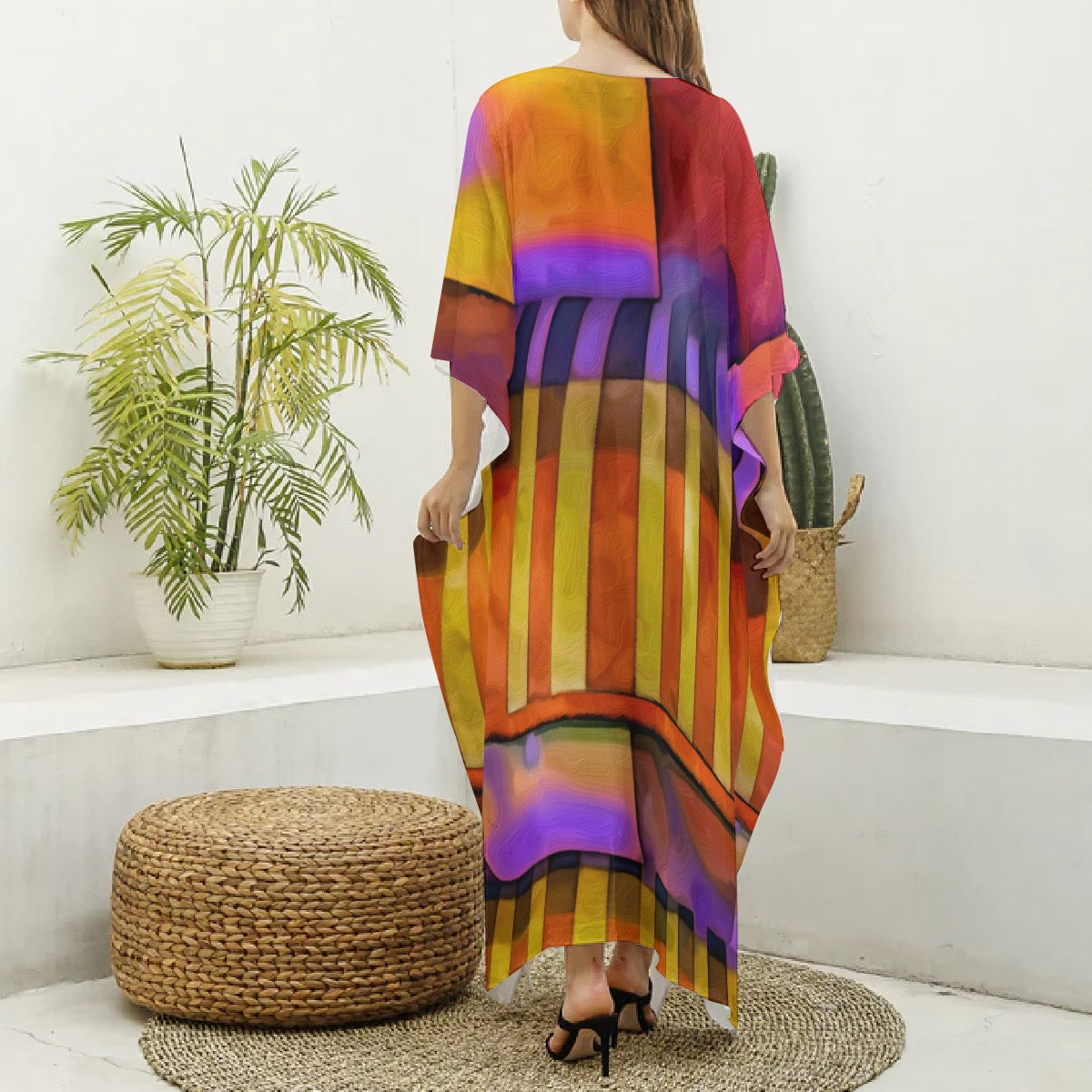 “Aurora Stripes” Women's Imitation Silk V-neck Kaftan Robe