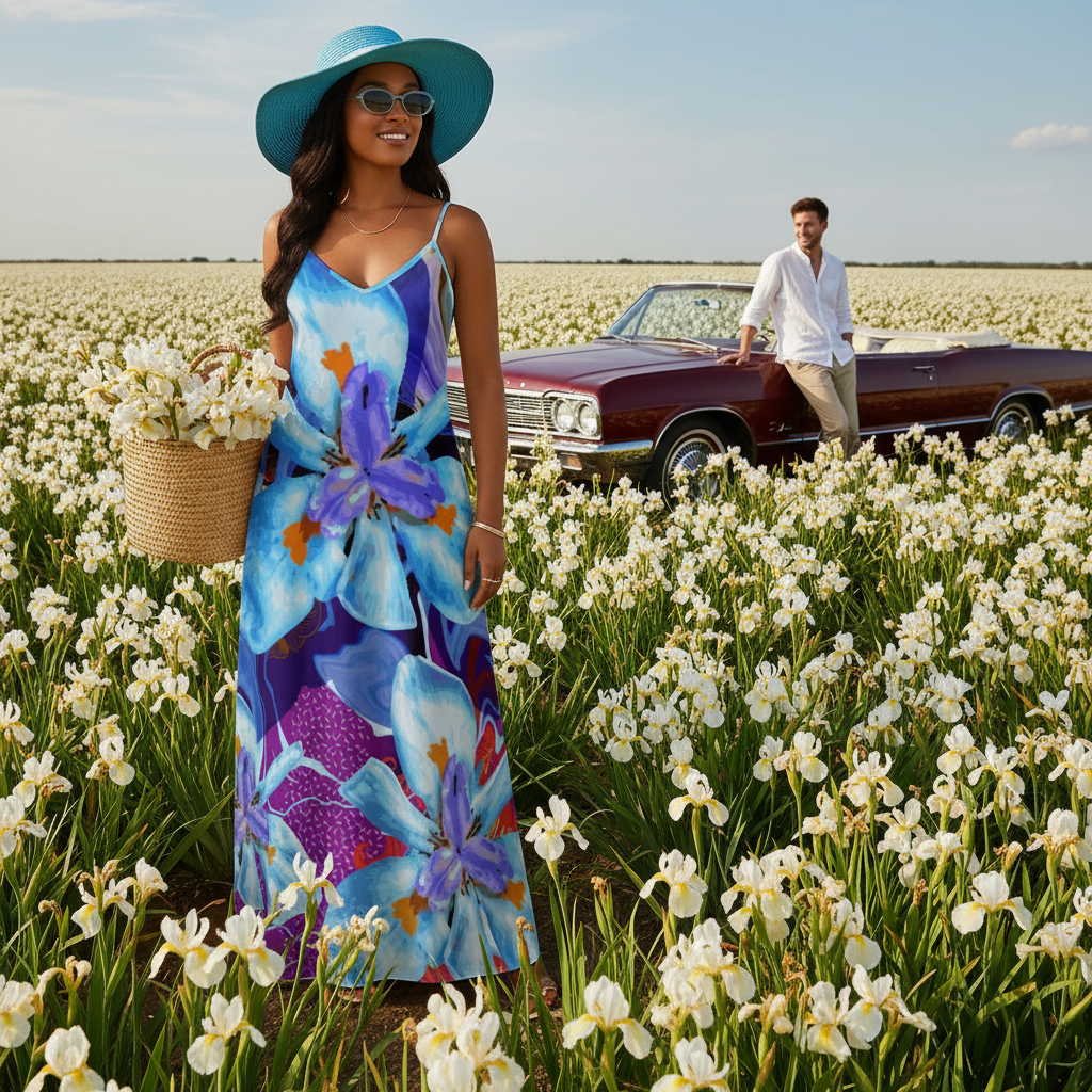 “The Blue Dietes” Elegant V-Neck Maxi Dress