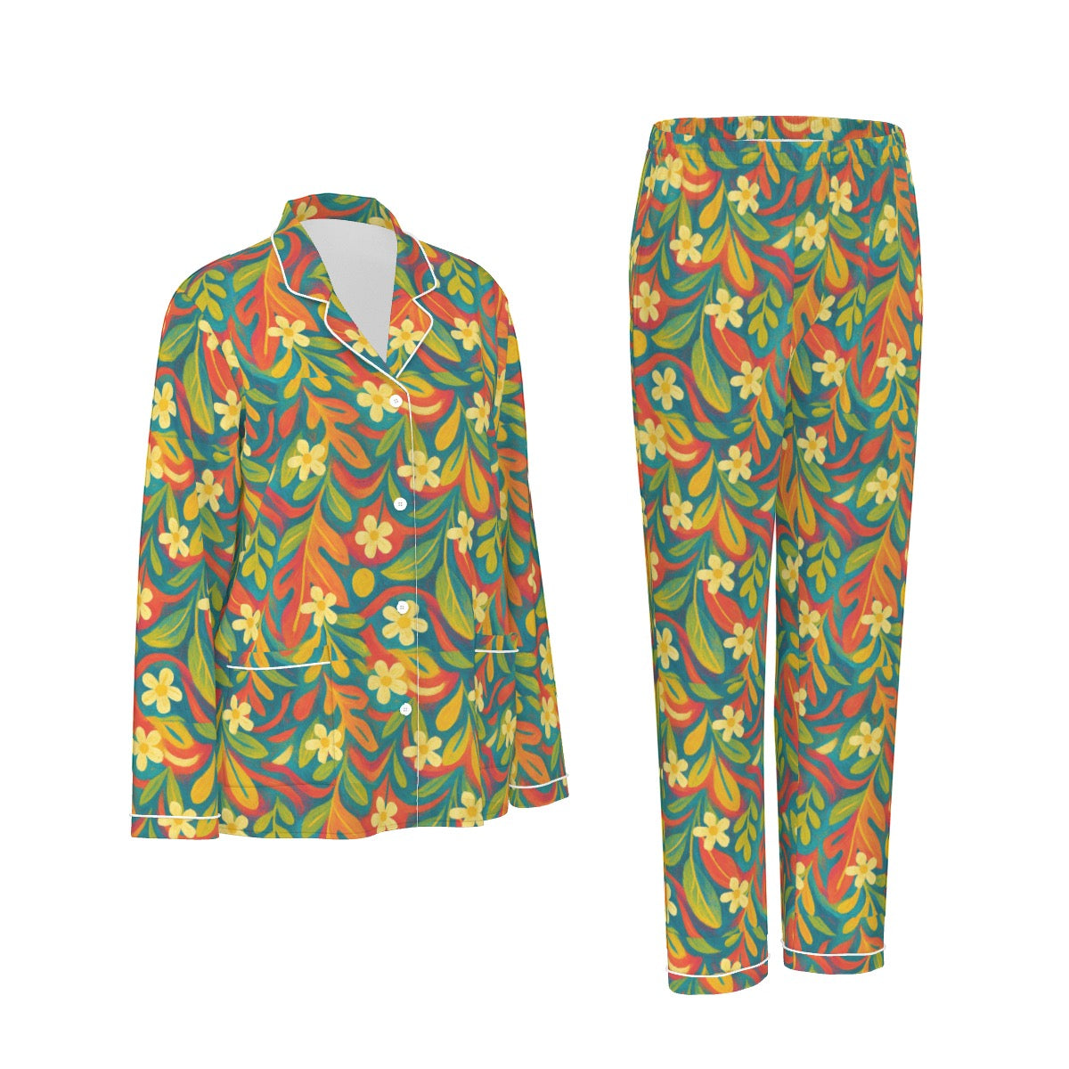 “Sunny Daydream” Women's Long Sleeve Pajama Set With White Contrast Piping