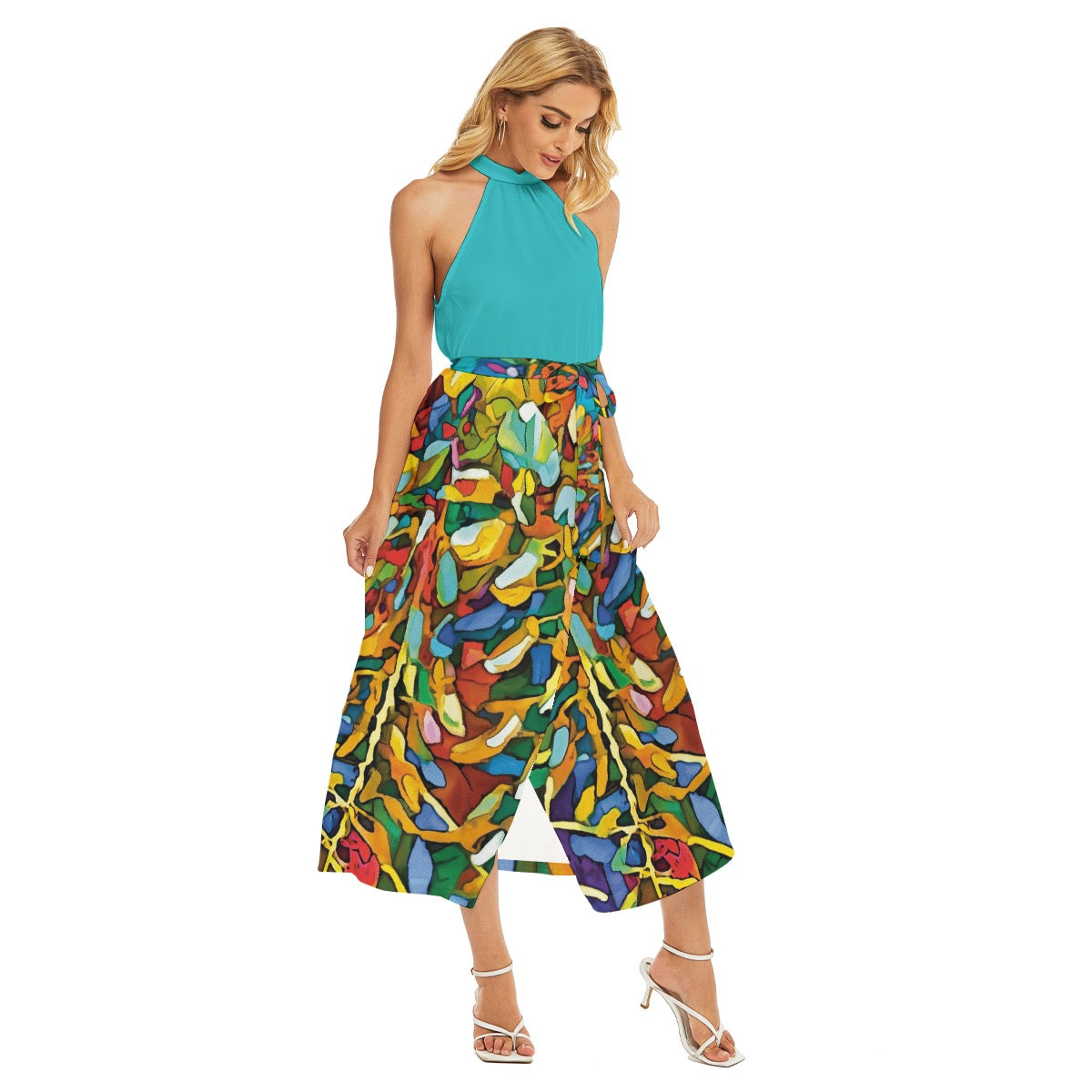 “Rainbow Wisteria”  Women's Wrap Hem Belted Halter Dress