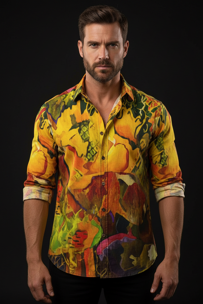 “Outback Topography” Men's Casual Lapel Long Sleeve Shirt|125GSM Cotton