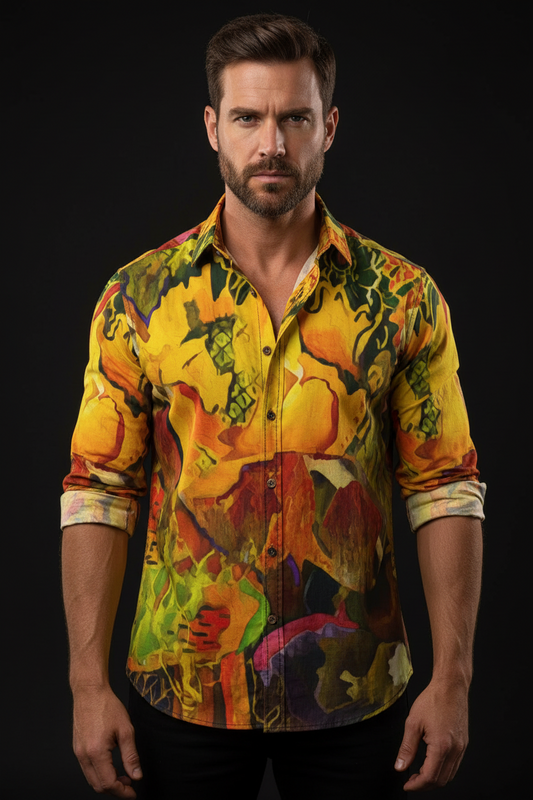 “Outback Topography” Men's Casual Lapel Long Sleeve Shirt|125GSM Cotton