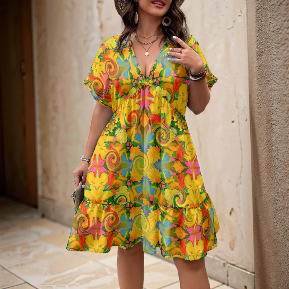 “Citrus Twist” Women’s Floral V-Neck Short Sleeve Dress