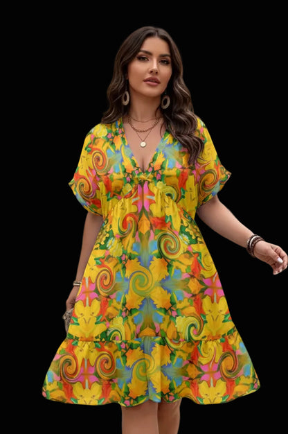 “Citrus Twist” Women’s Floral V-Neck Short Sleeve Dress