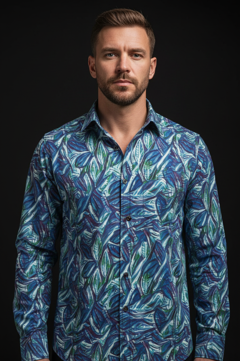 “Sapphire Stream”  Men's Casual Lapel Long Sleeve Shirt|125GSM Cotton