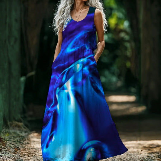 “Glass Wave” Blue: Women’s Sleeveless Maxi Dress