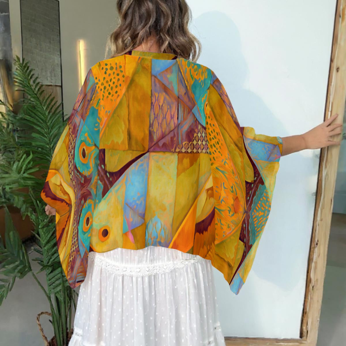 “Aqua Landscape” Print Boho Patchwork Kimono Sleeve Top
