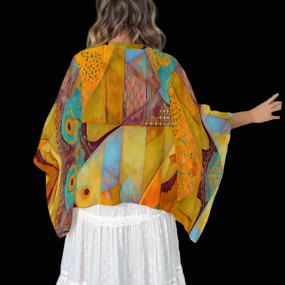“Aqua Landscape” Print Boho Patchwork Kimono Sleeve Top