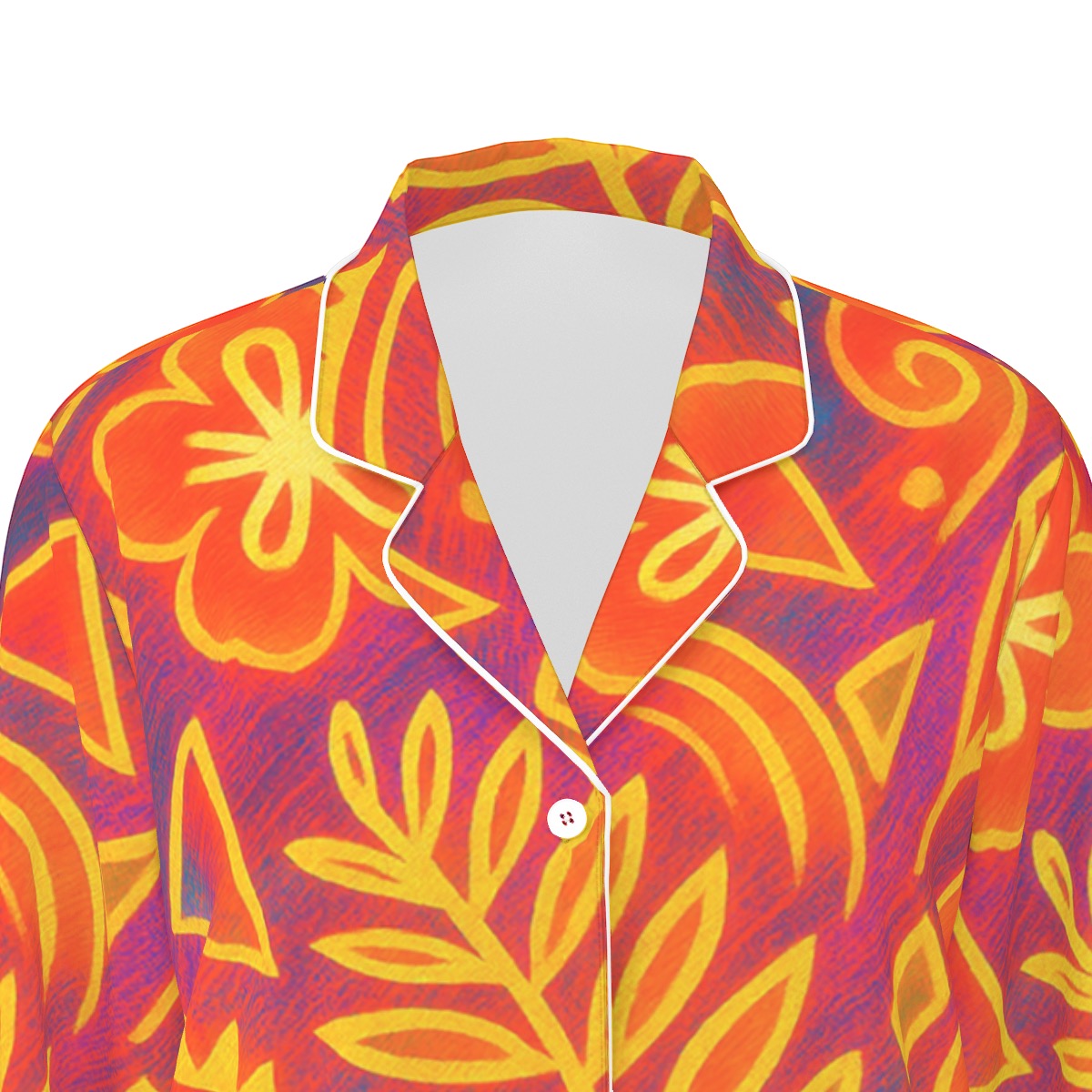 “Island Echoes” Women's Long Sleeve Pajama Set With White Contrast Piping