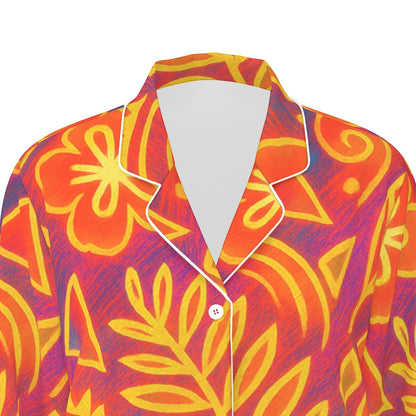 “Island Echoes” Women's Long Sleeve Pajama Set With White Contrast Piping