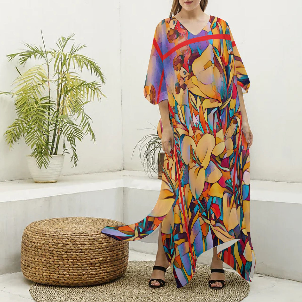“Sensori” Women's Imitation Silk V-neck Kaftan Robe
