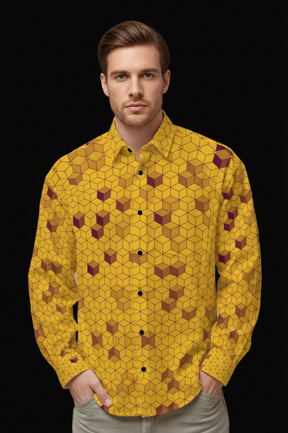 “Polyhedral-Yellow” Men's Slim Fit Long Sleeve Shirt