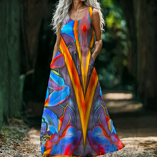 “Electric Bloom” Women’s Sleeveless Maxi Dress