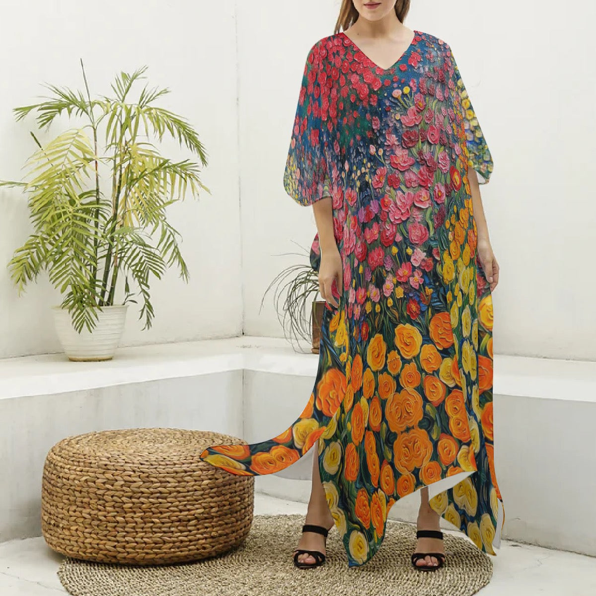 “Floriana” Women's Imitation Silk V-neck Kaftan Robe