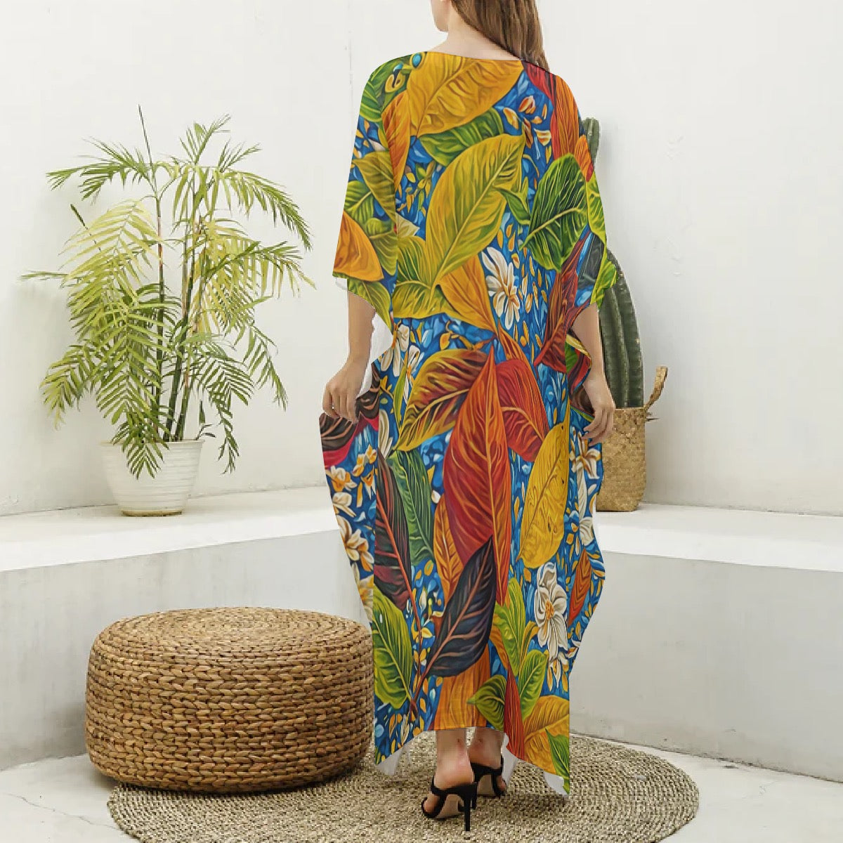 “Botanical Rhapsody” Women's Imitation Silk V-neck Kaftan Robe